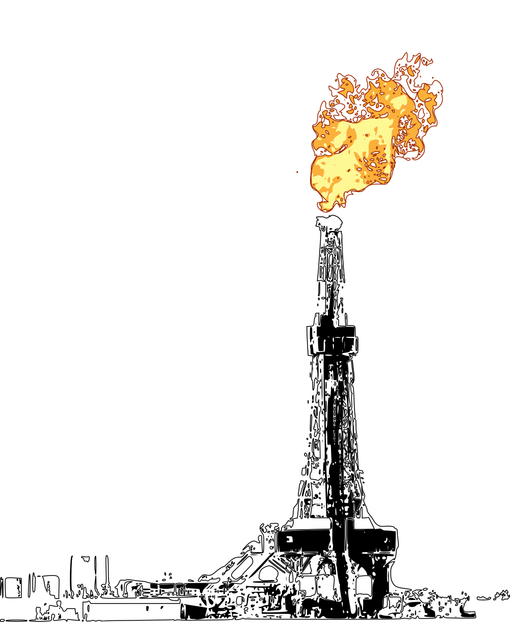 A big structure burning gas on mountainous background